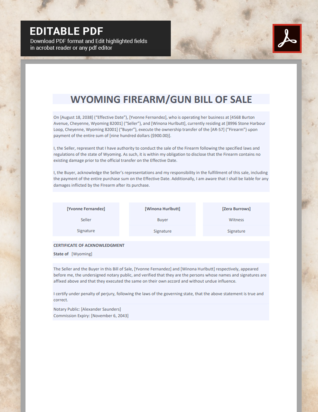 Wyoming Firearm/Gun Bill of Sale Template