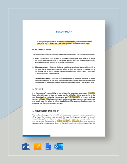 Paid Time Off Policy PTO Template Word DOC Google Docs Apple 