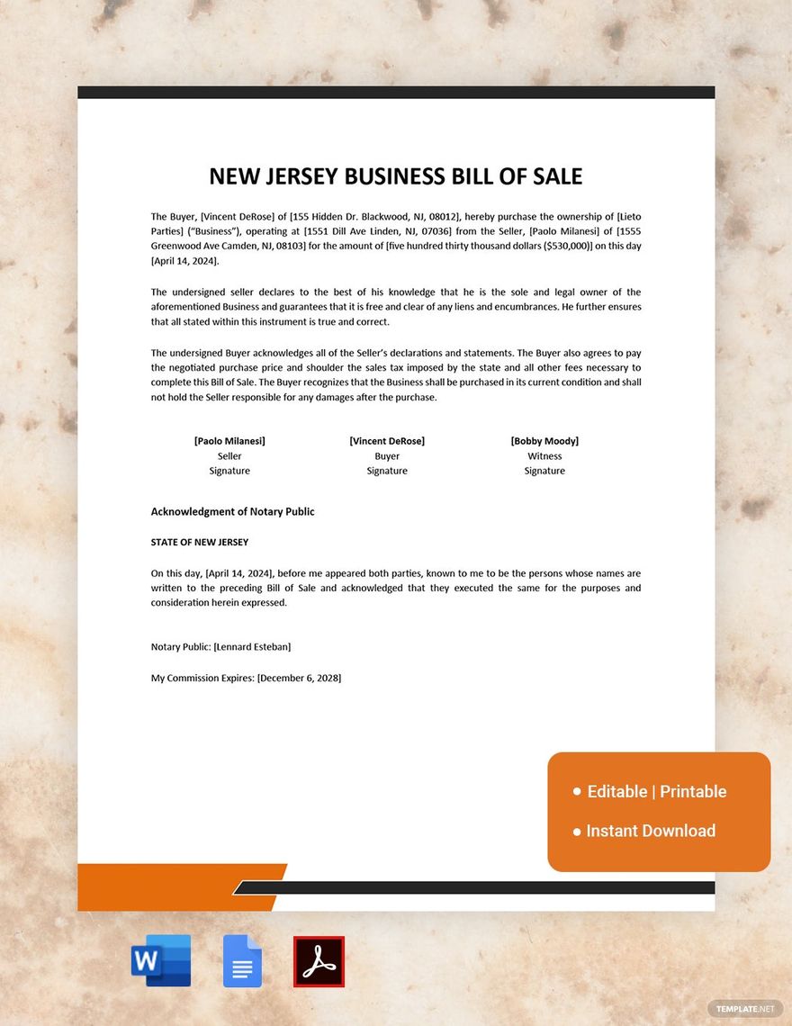 New Jersey Business Bill of Sale Template