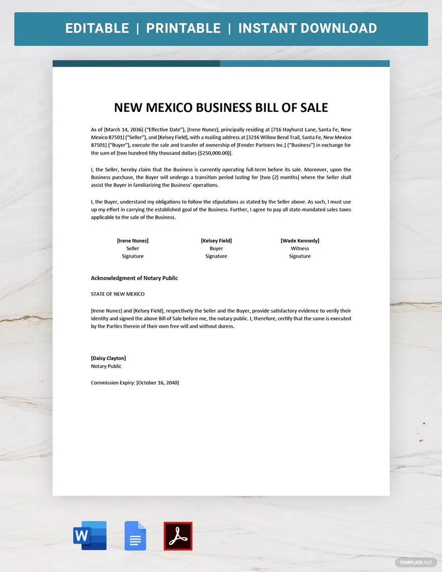New Mexico Business Bill of Sale Template in Word, Google Docs, PDF