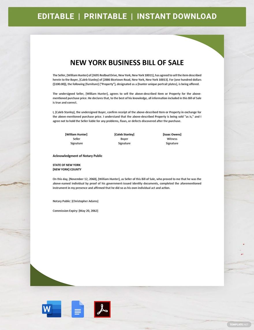 New York Business Bill of Sale Template in Word, Google Docs, PDF