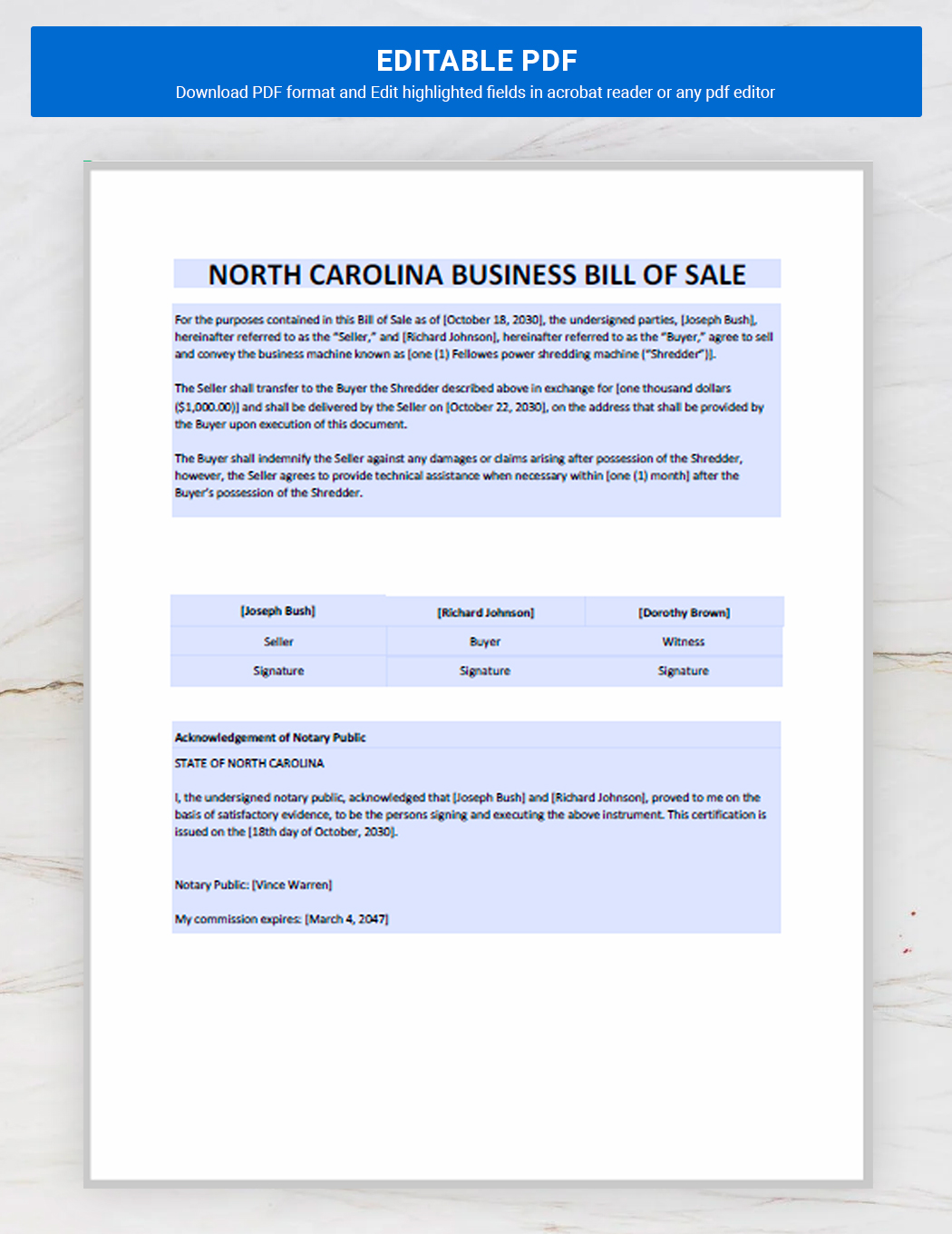 North Carolina Business Bill of Sale Template