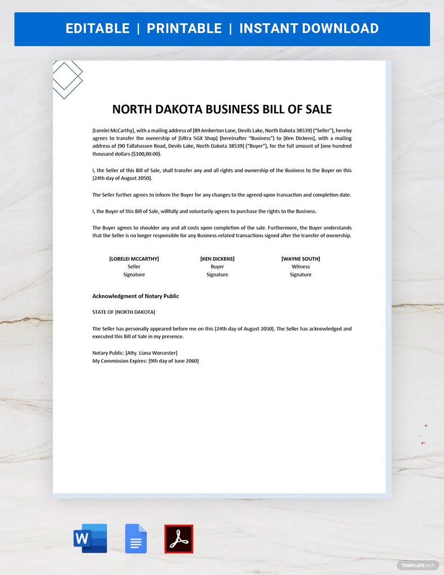 North Dakota Business Bill of Sale Template in Word, Google Docs, PDF