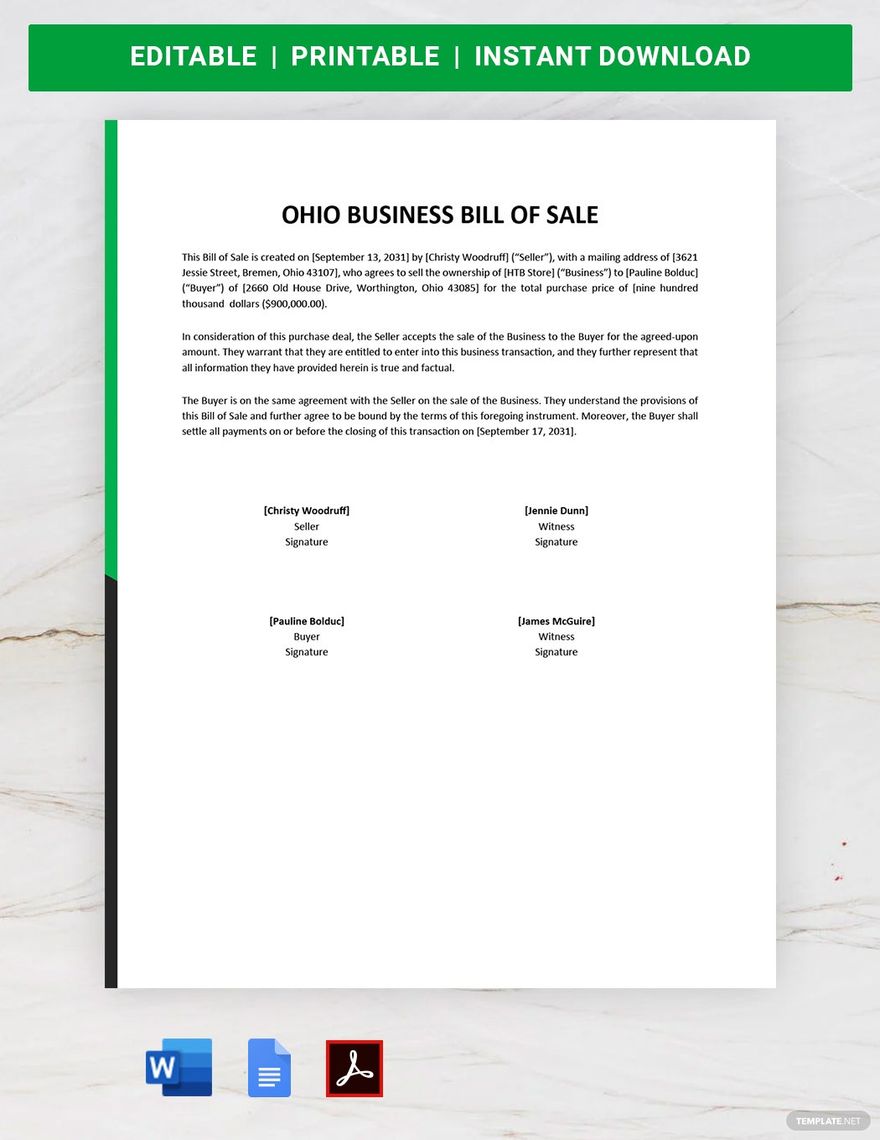 Ohio Business Bill of Sale Template in Word, Google Docs, PDF