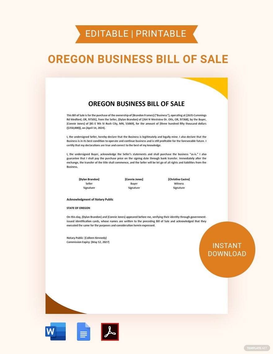 Oregon Business Bill of Sale Template in Word, Google Docs, PDF