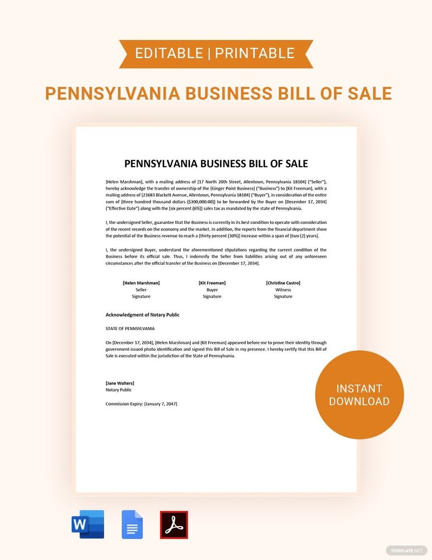 Pennsylvania Business Bill of Sale Template in Word, Google Docs, PDF
