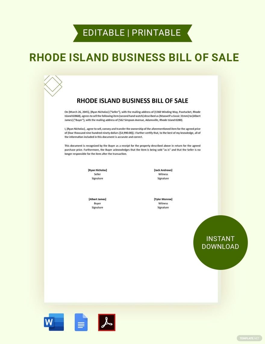 Free Rhode Island Business Bill of Sale Form Template