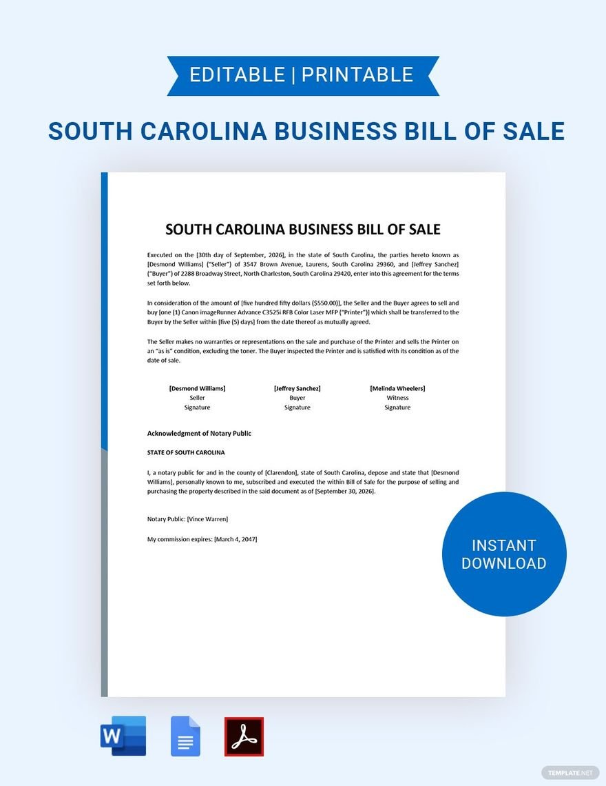 South Carolina Business Bill of Sale Template in Word, Google Docs, PDF