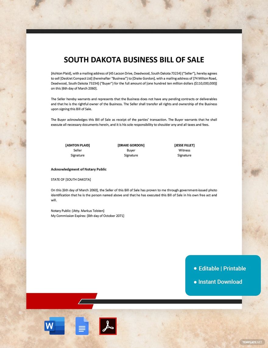 South Dakota Business Bill of Sale Template in Word, Google Docs, PDF