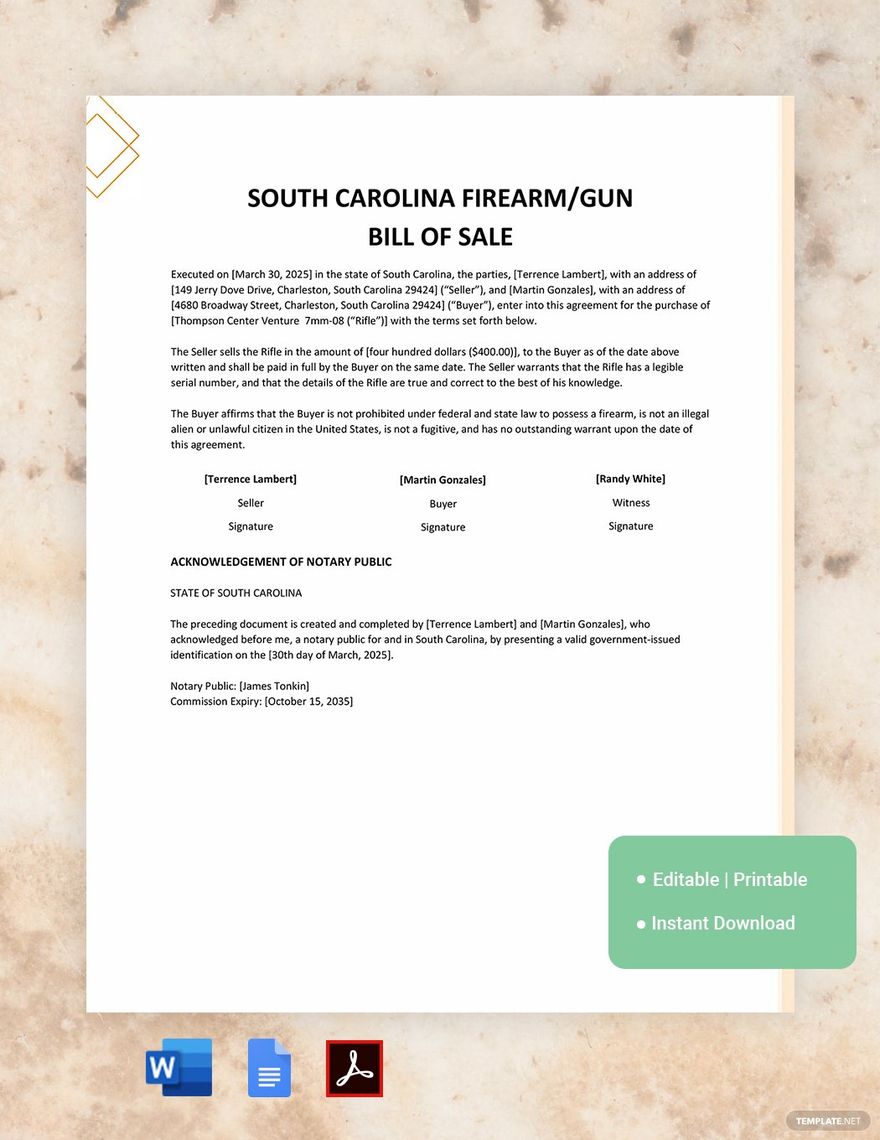 Free South Carolina Firearm / Gun Bill of Sale Form Template