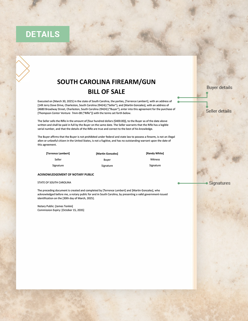 South Carolina Firearm / Gun Bill of Sale Form Template