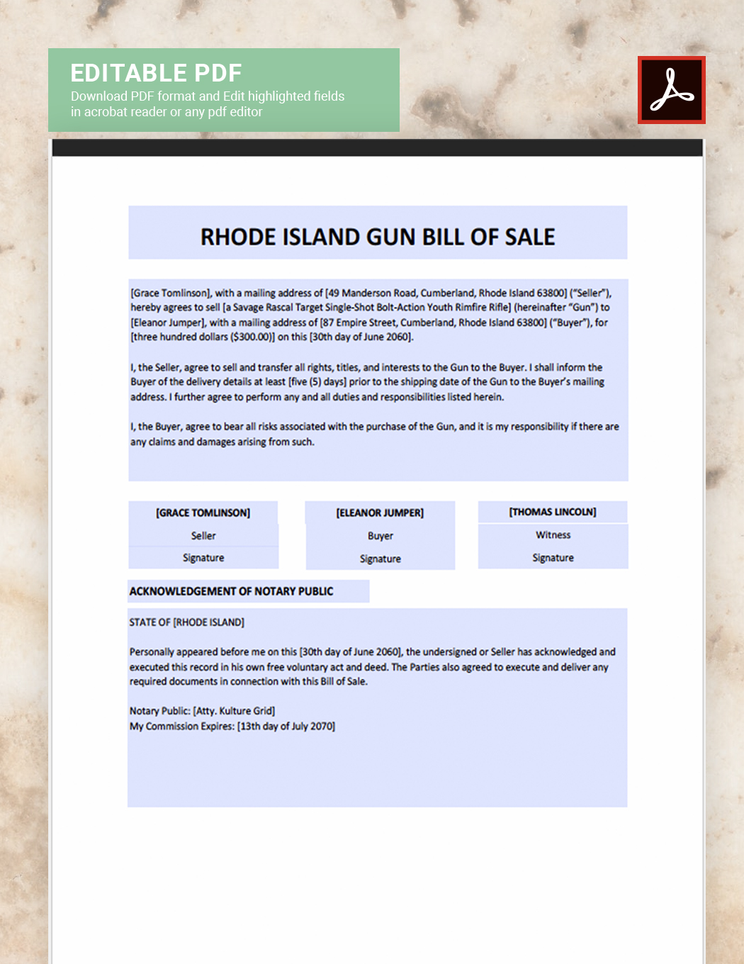 Rhode Island Firearm / Gun Bill of Sale Template