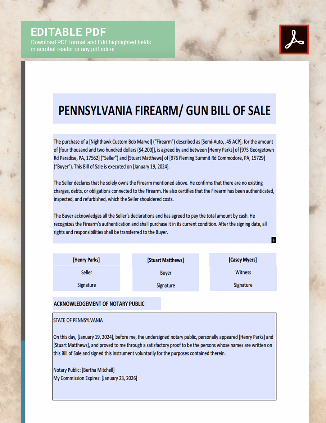 Pennsylvania Firearm / Gun Bill of Sale Template
