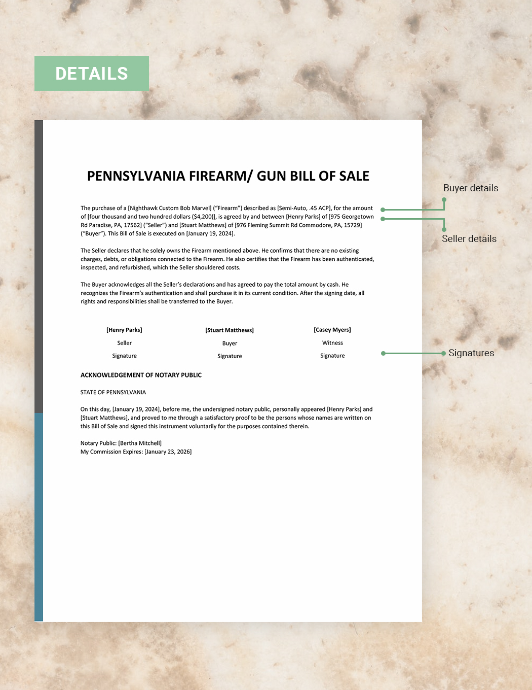 Pennsylvania Firearm / Gun Bill of Sale Template