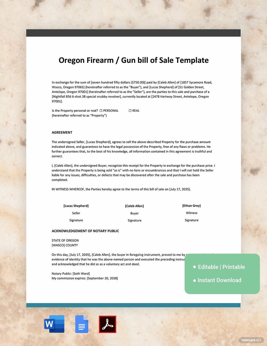 Oregon Firearm / Gun bill of Sale Template