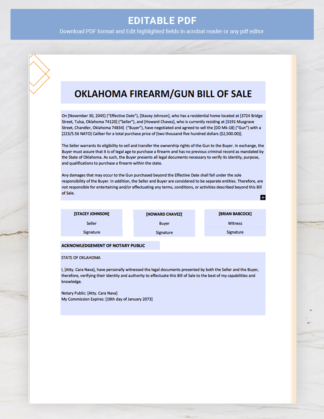 Oklahoma Firearm / Gun Bill of Sale Template