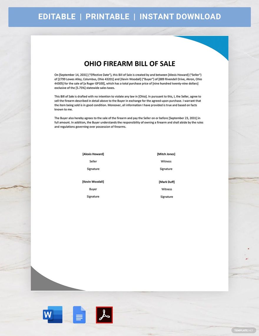 Ohio Firearm / Gun Bill Of Sale Template