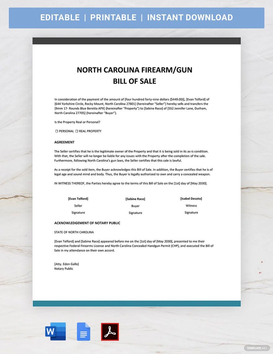 North Carolina Firearm / Gun Bill of Sale Form Template in Word, Google Docs, PDF