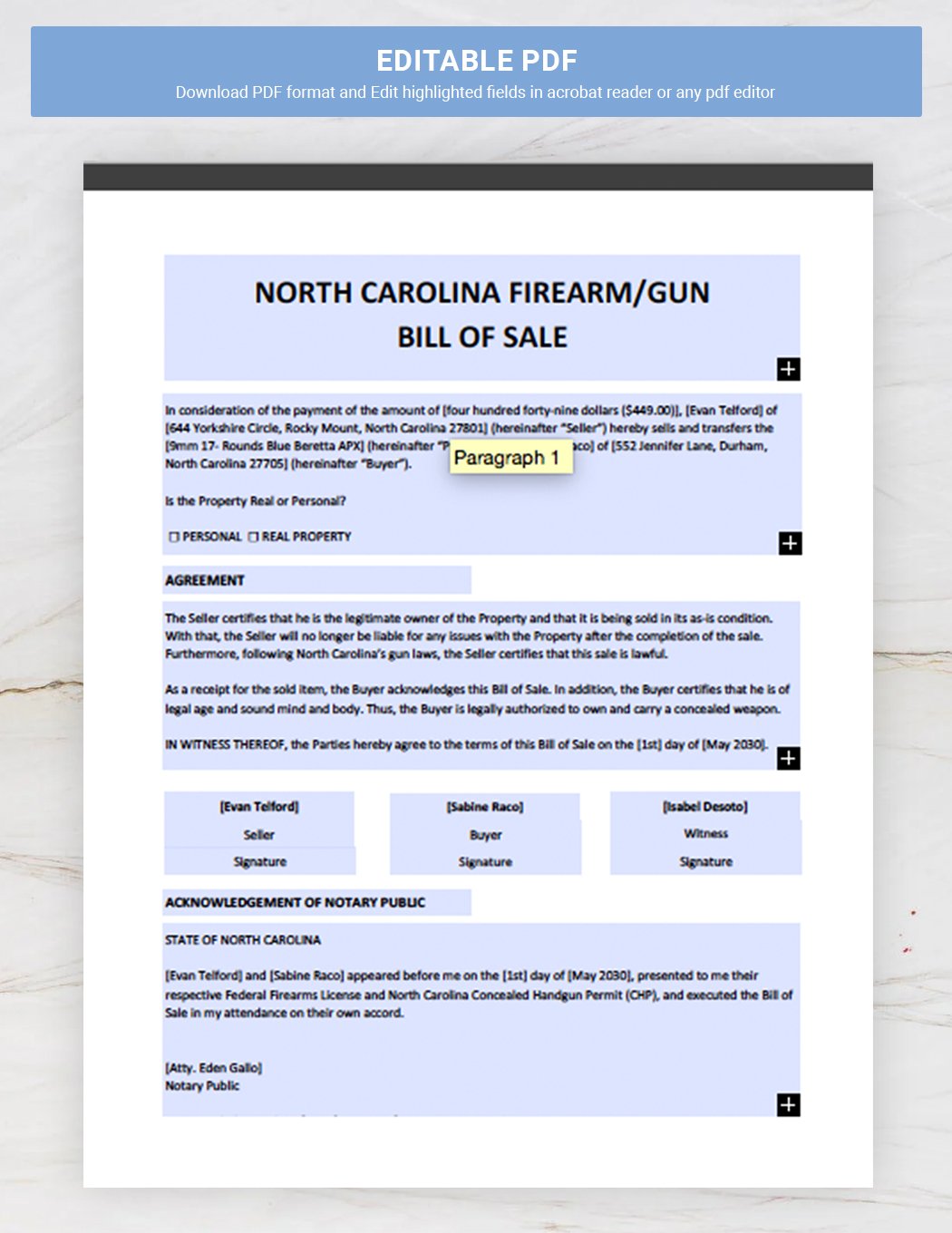North Carolina Firearm / Gun Bill of Sale Form Template
