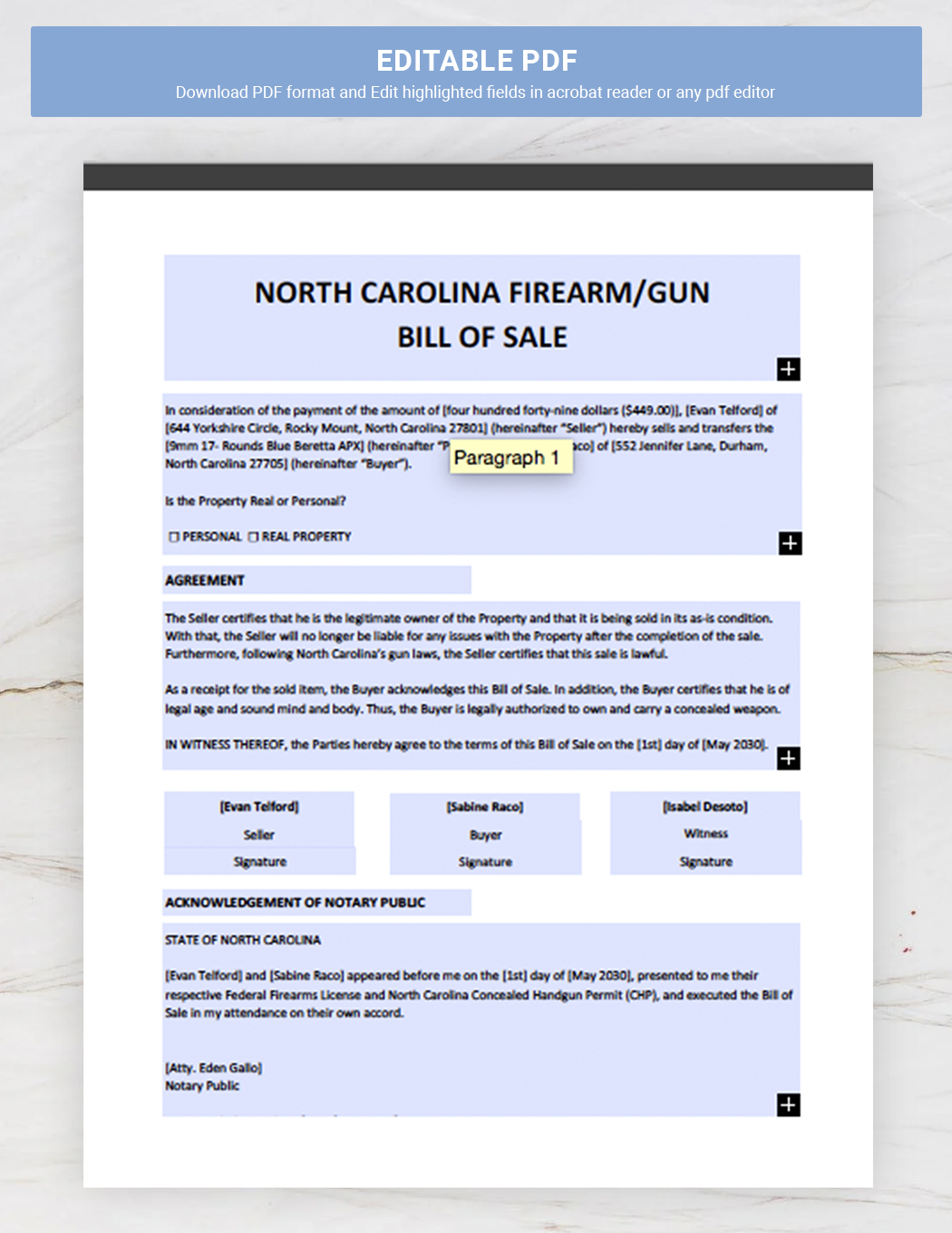 Free North Carolina Firearm Gun Bill Of Sale Form Template Download