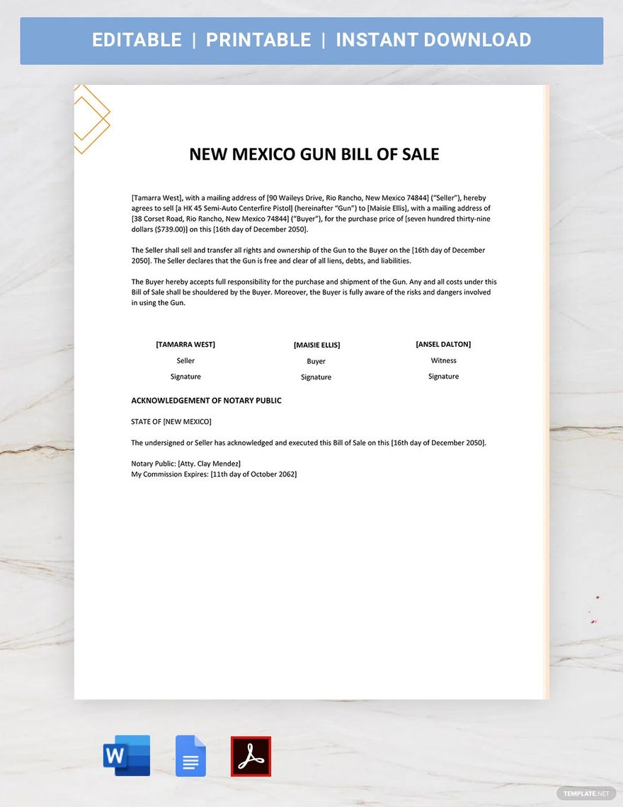 New Mexico Firearm / Gun Bill of Sale Template