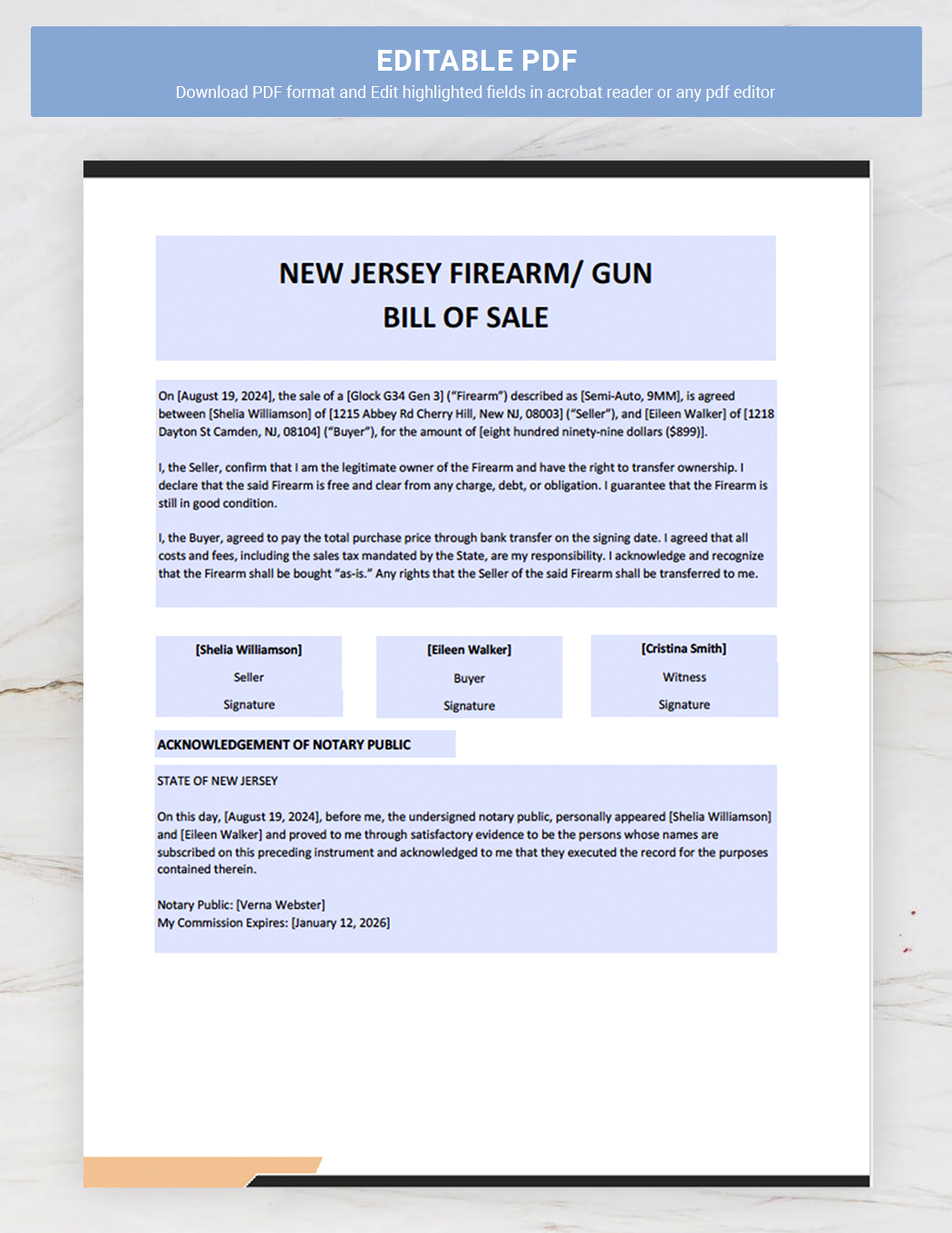 New Jersey Firearm / Gun Bill of Sale Template