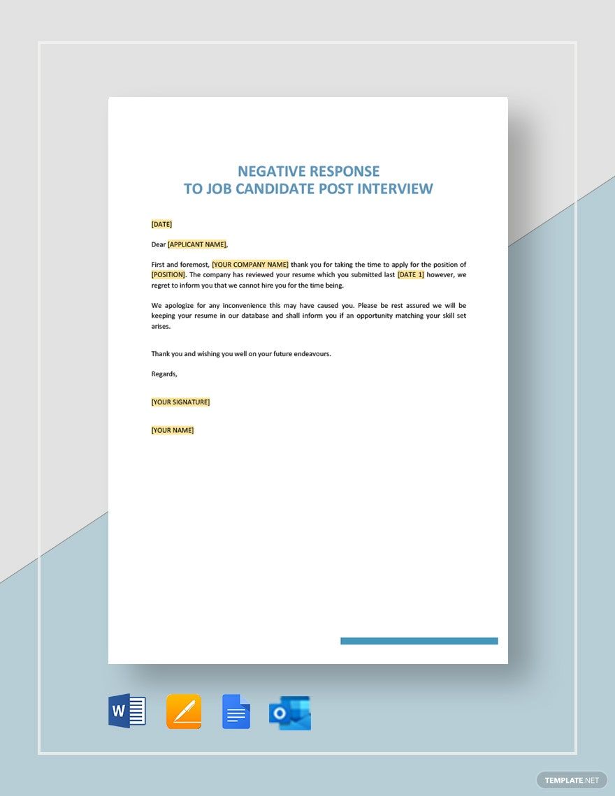 Negative Response to Job Candidate Post Interview Template in Word, Google Docs, PDF, Apple Pages, Outlook