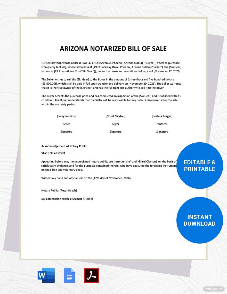 Arizona Notarized Bill of Sale Template