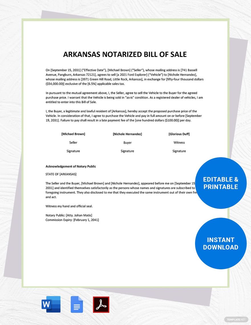 Arkansas Notarized Bill of Sale Template in Word, Google Docs, PDF