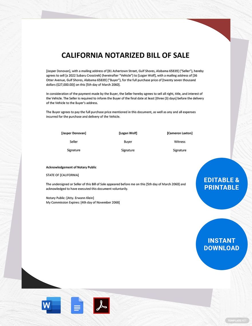 California Notarized Bill of Sale Template