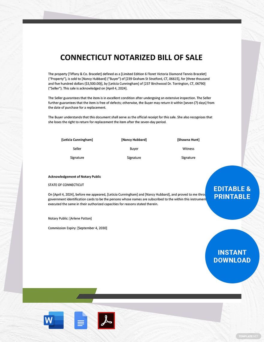 Connecticut Notarized Bill of Sale Template