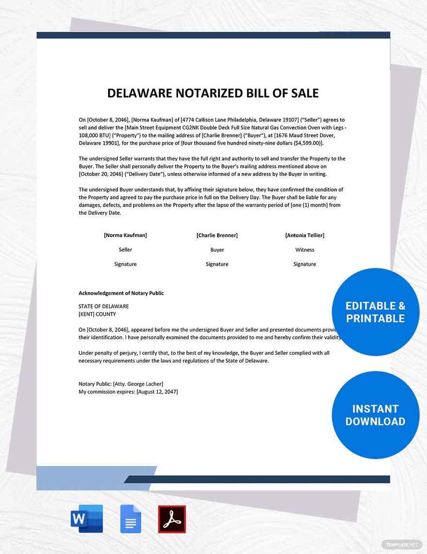 Delaware Notarized Bill of Sale Template