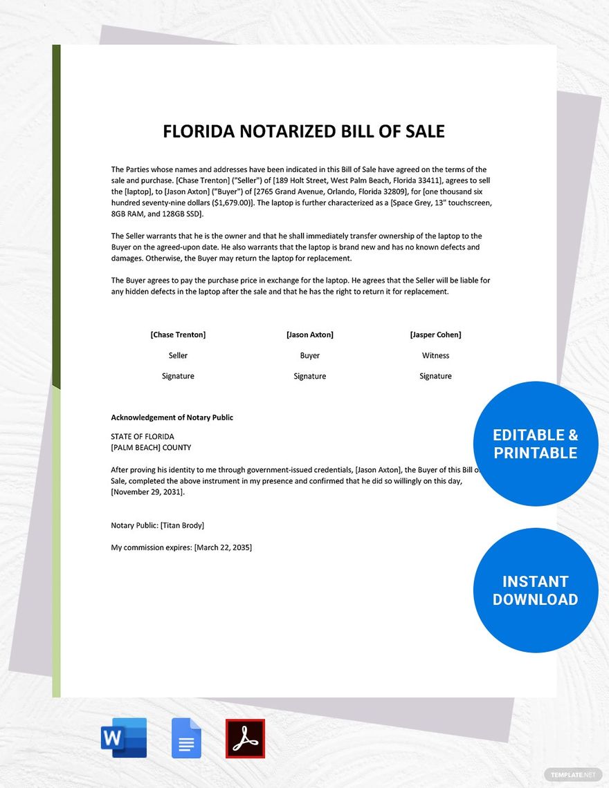 Free Florida Notarized Bill of Sale Form Template in Word, Google Docs, PDF