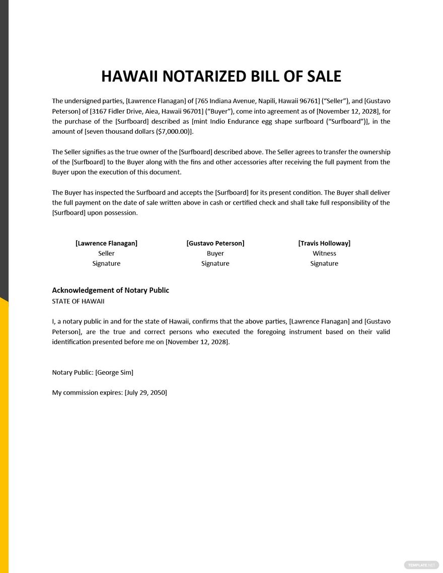 Hawaii Notarized Bill of Sale Template Google Docs, Word, PDF