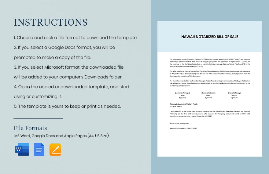 Hawaii Notarized Bill of Sale Template