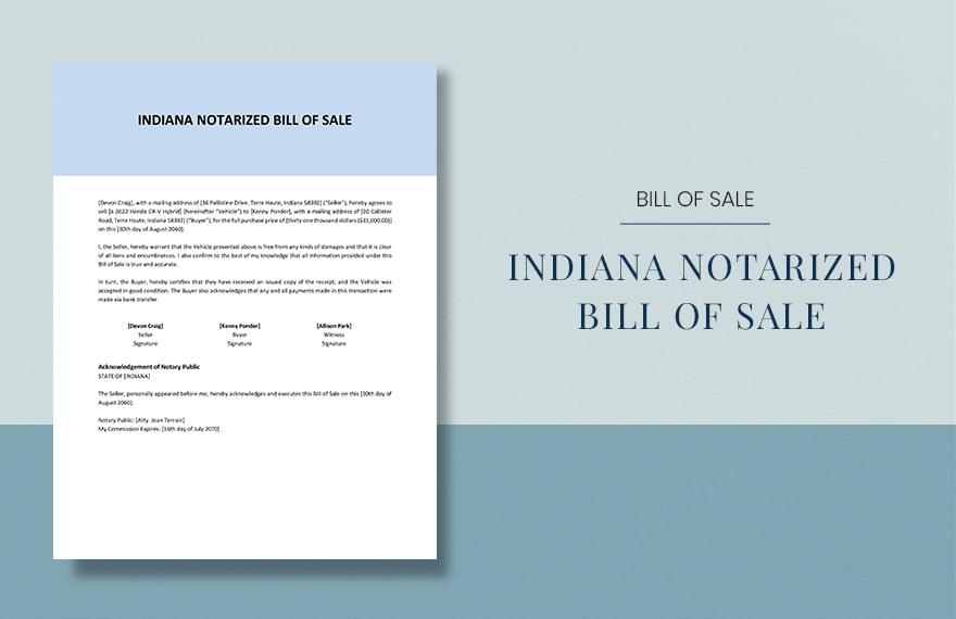 Indiana Notarized Bill of Sale Template in Word, Google Docs, PDF, Apple Pages