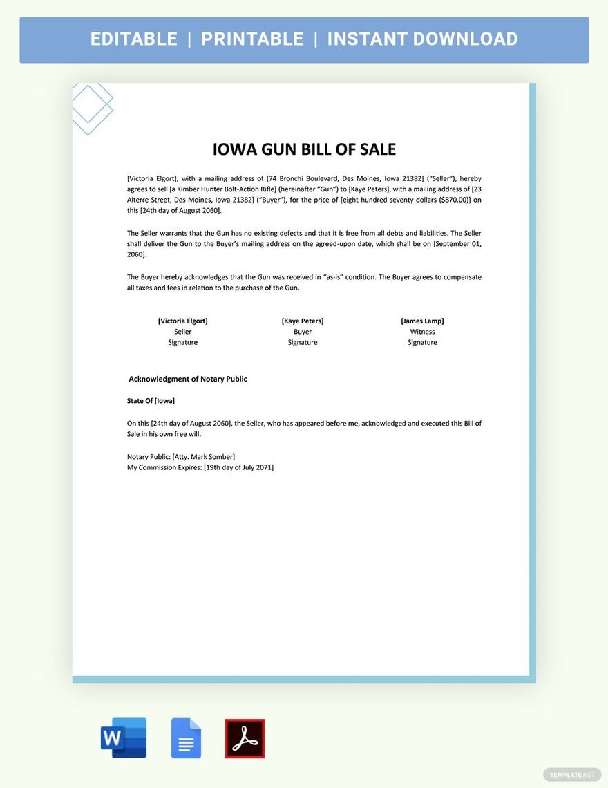 Iowa Firearm / Gun Bill Of Sale Template