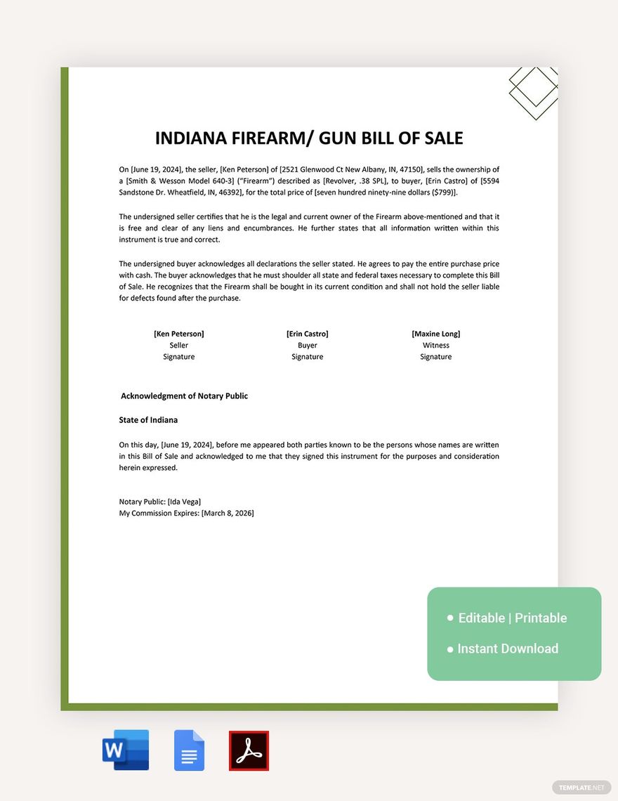 Indiana Firearm / Gun Bill Of Sale Template