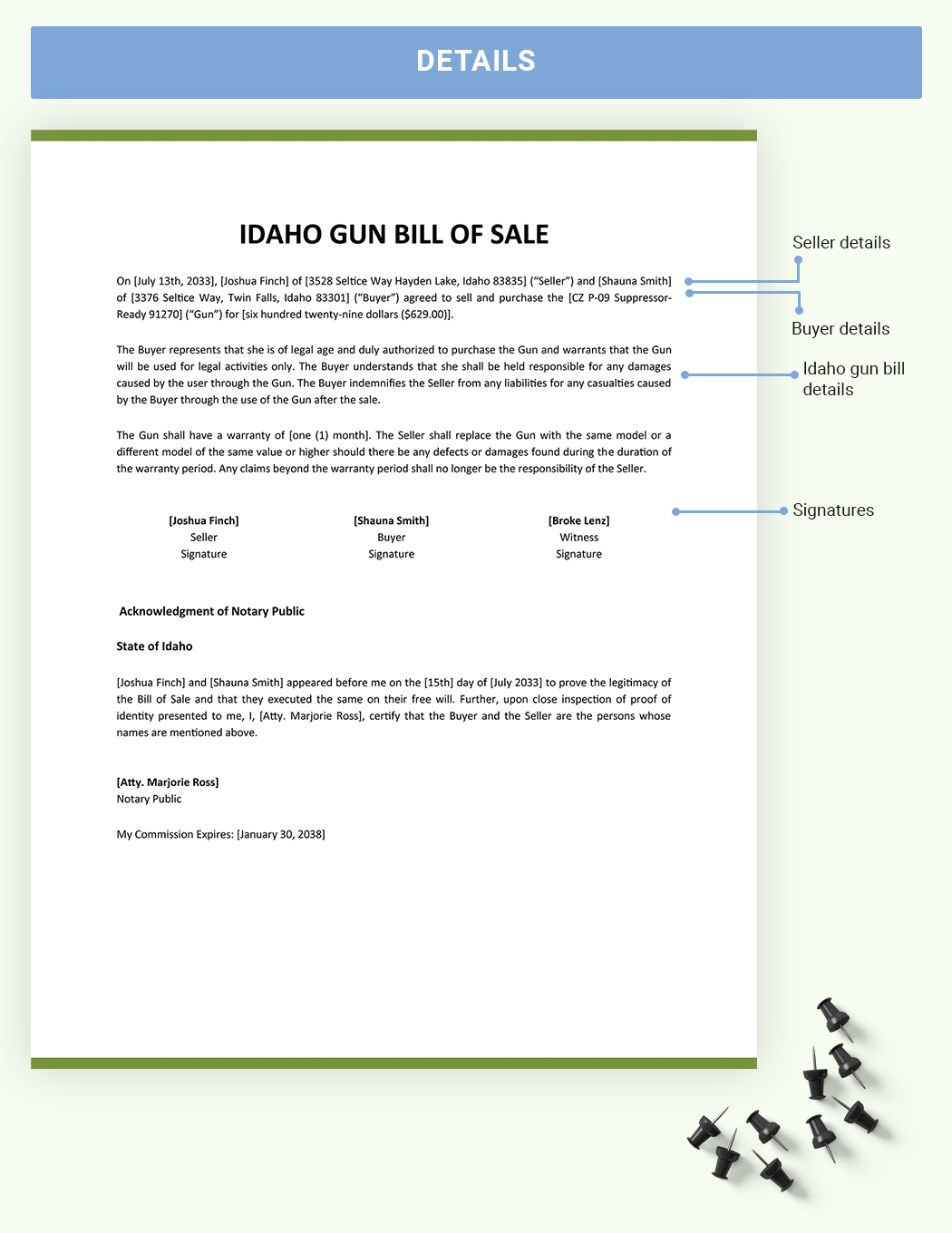 Idaho Firearm / Gun Bill Of Sale Template