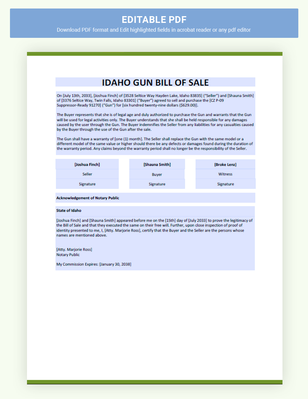Idaho Firearm / Gun Bill Of Sale Template