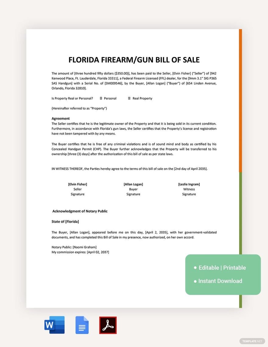 Florida Firearm / Gun Bill Of Sale Template
