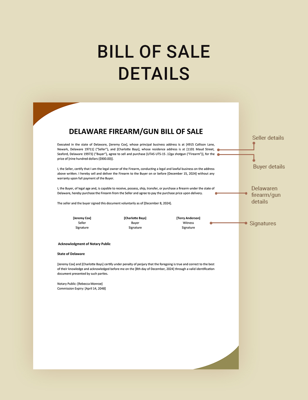 Delaware Firearm / Gun Bill Of Sale Template