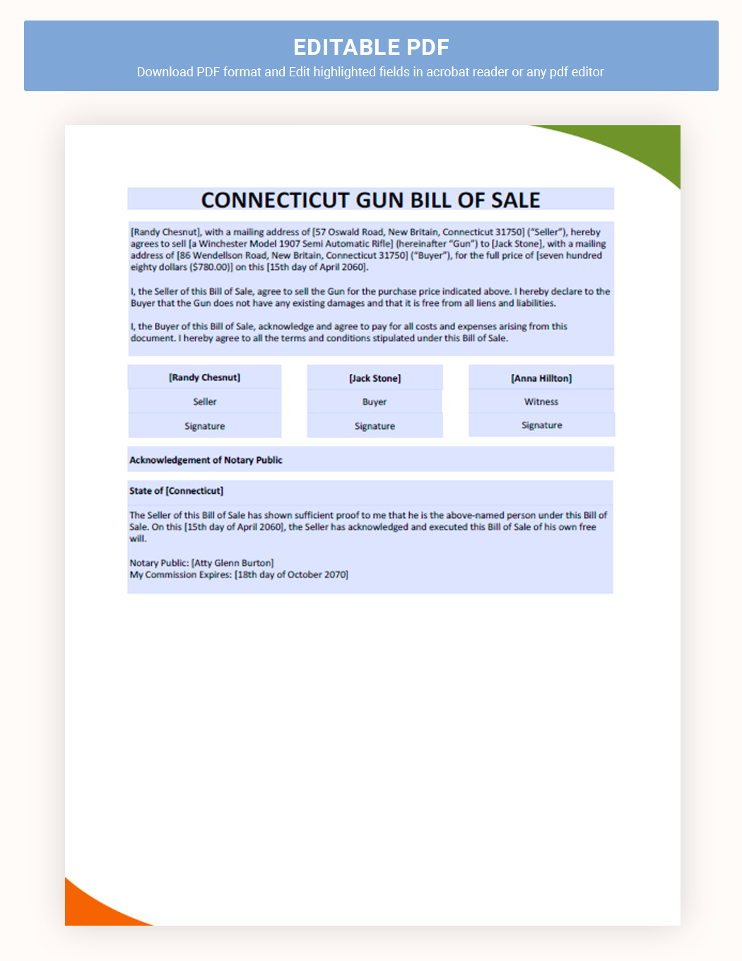 Connecticut Firearm / Gun Bill Of Sale Template