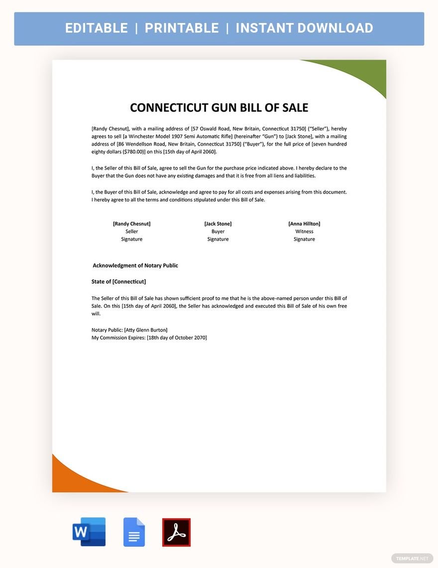 Connecticut Firearm / Gun Bill Of Sale Template in Word, Google Docs, PDF