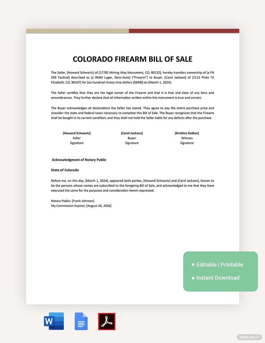 Colorado Firearm / Gun Bill Of Sale Template