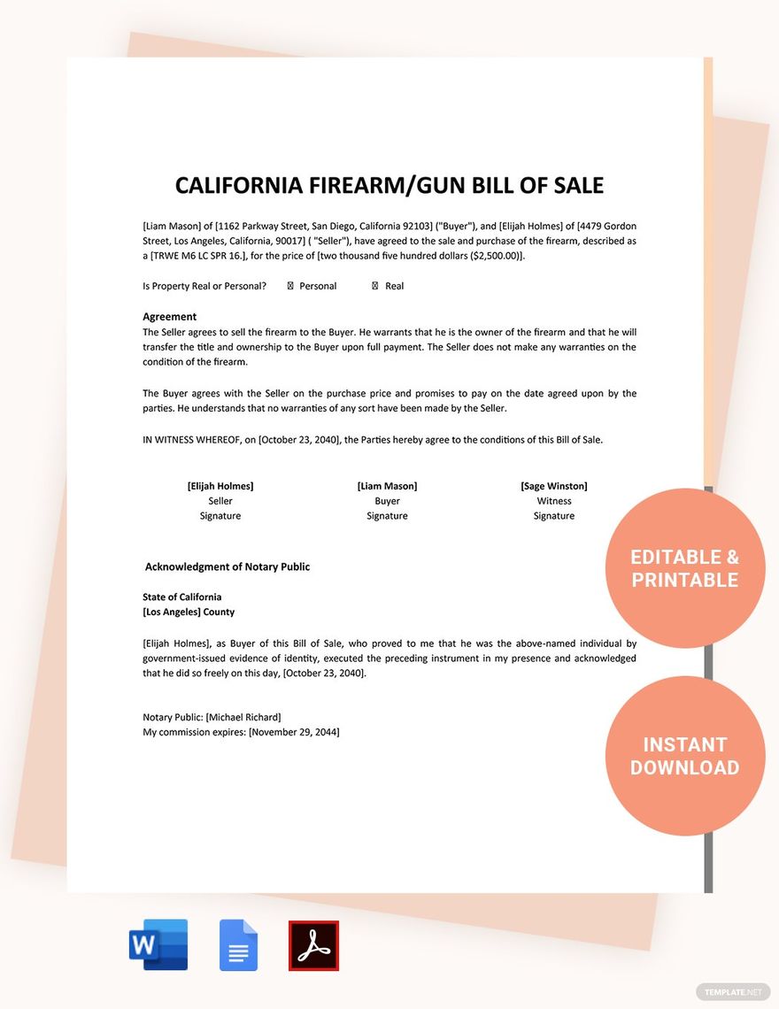 California Firearm / Gun Bill Of Sale Template
