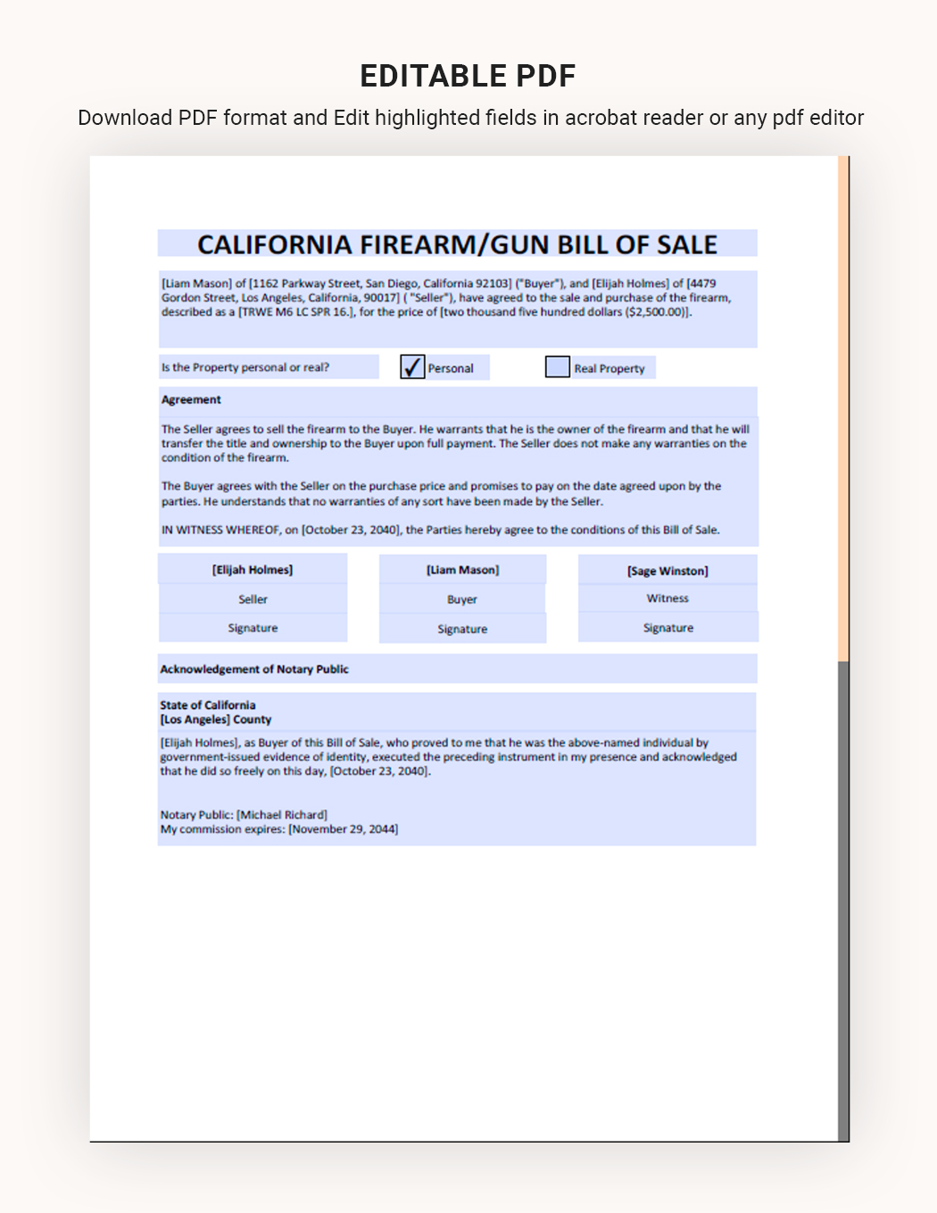 California Firearm / Gun Bill Of Sale Template