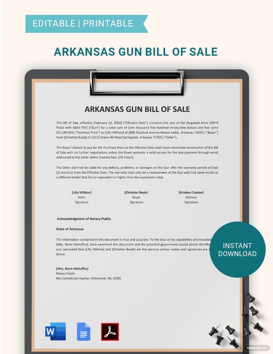 Free Arkansas Firearm / Gun Bill Of Sale Form Template in Word, Google Docs, PDF