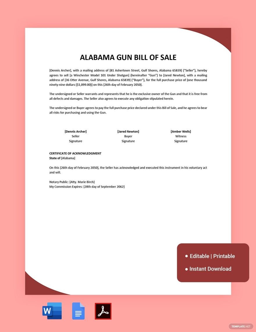 Alabama Firearm/Gun Bill of Sale Template