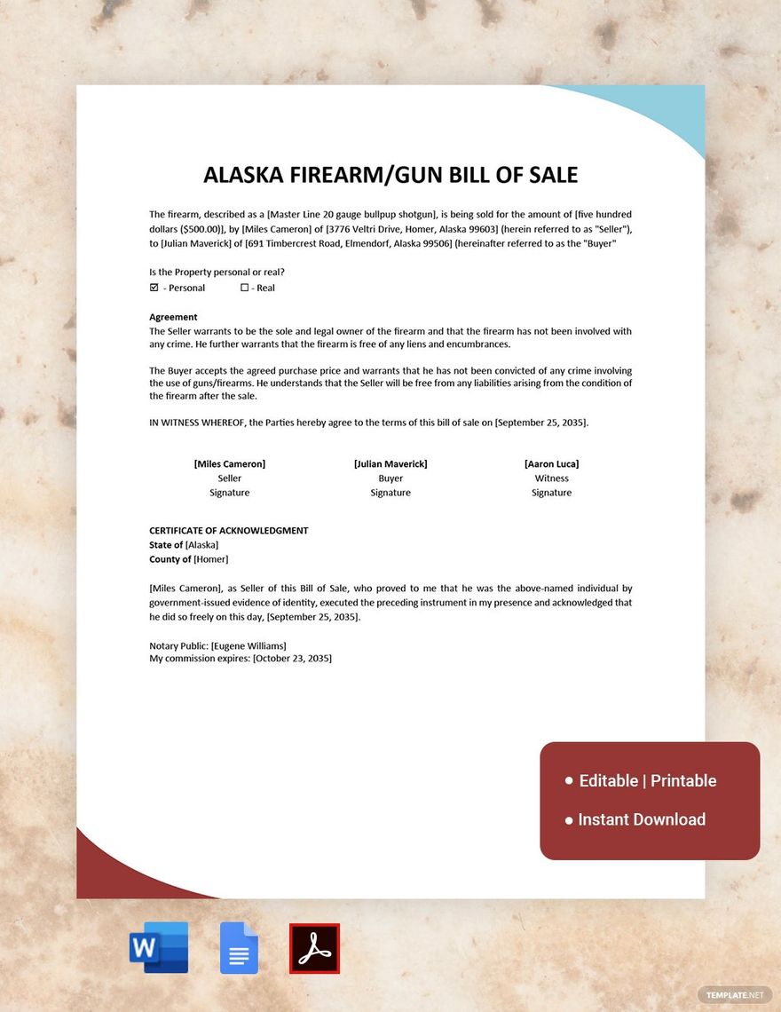 Alaska Firearm/Gun Bill of Sale Template